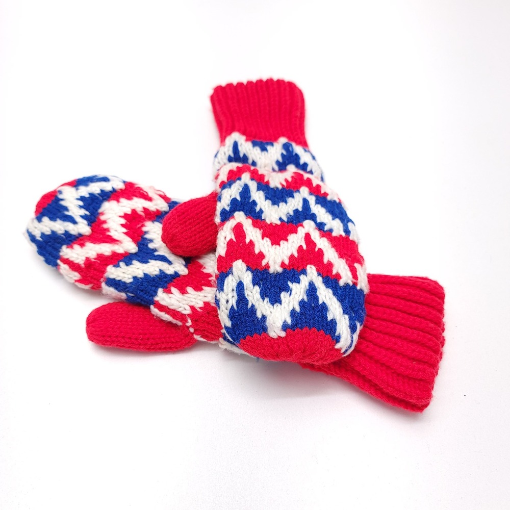 Vintage Mittens Red White & Blue Handmade Knitted Size Medium‎ Cozy Warm